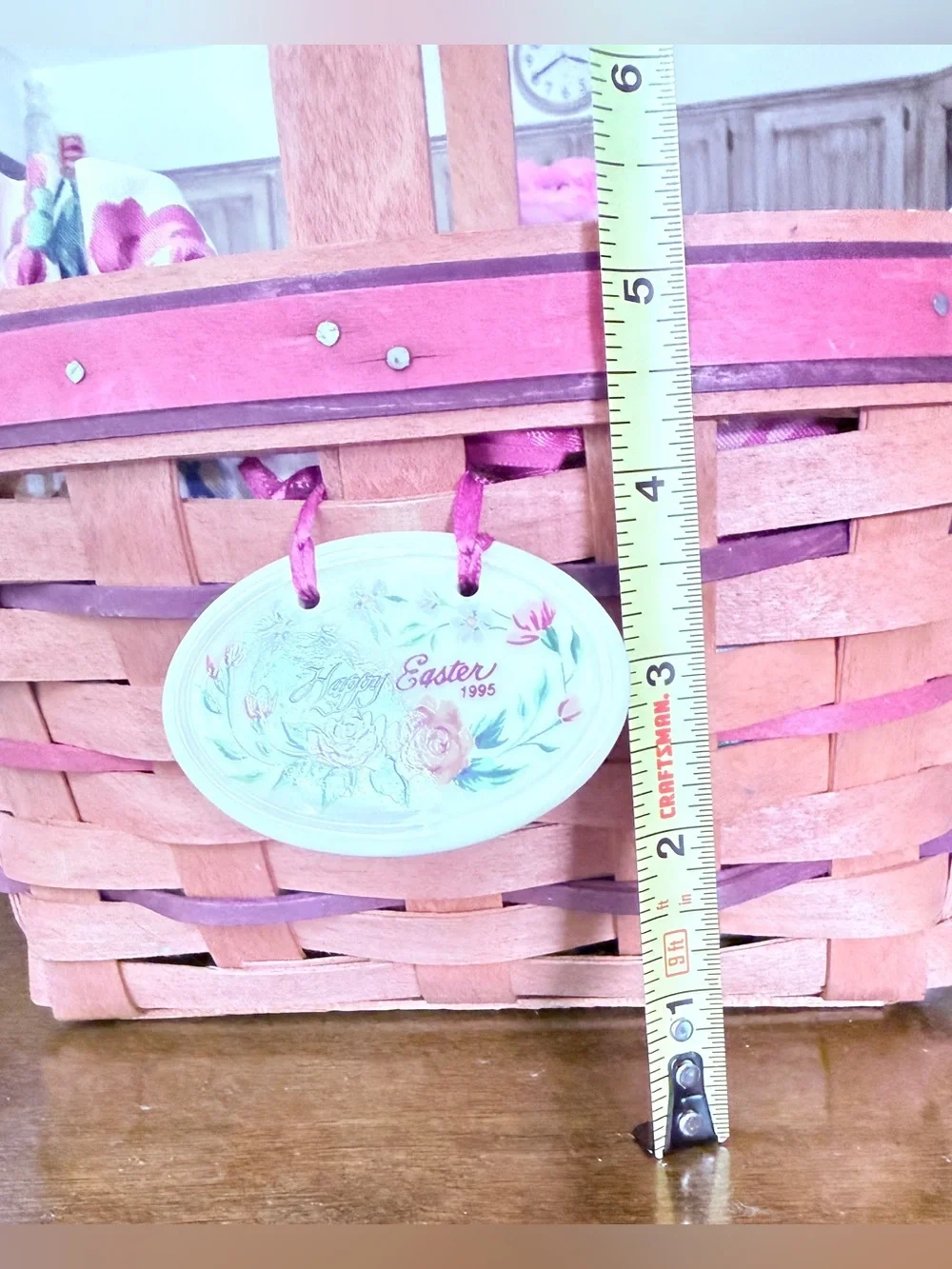 Vintage 1995 Longaberger Easter Basket with Floral Liner and Ceramic Charm